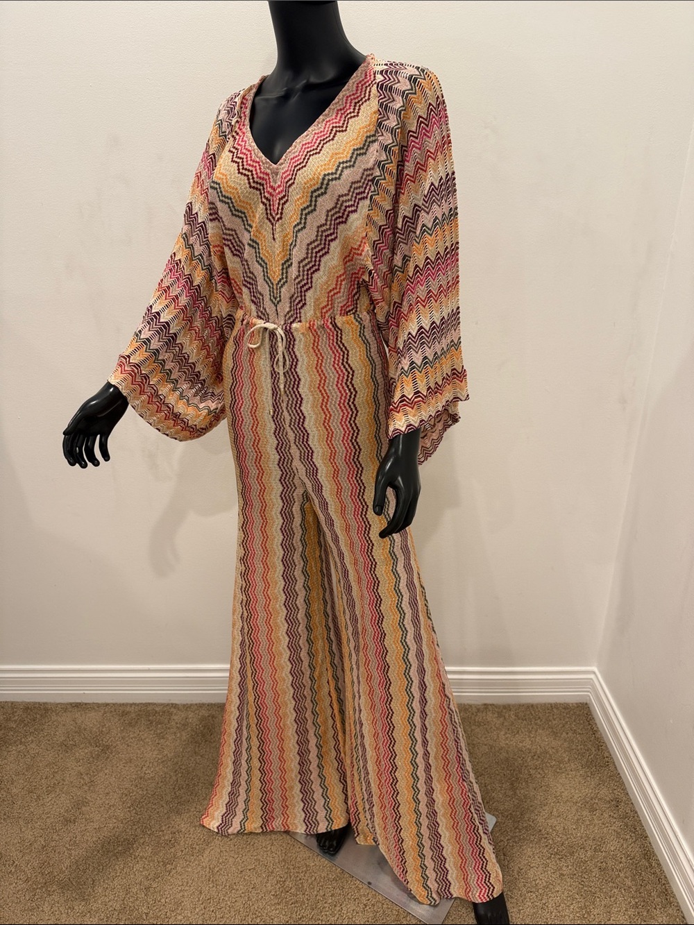 MISSONI Metallic Zigzag Knit Jumpsuit Palazzo Wide Leg Kimono Sleeves IT 40 New